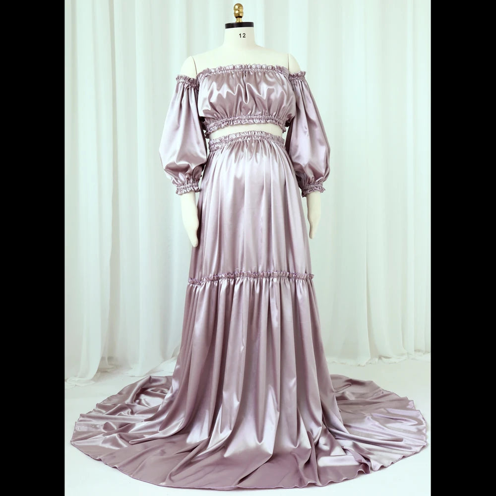 MQTIME  -  Maternity Photography Gown Soft Satin Off Shoulder Pregnant Woman Two piece set Dresses Bohemian Photo Shooting Pregnancy Dress