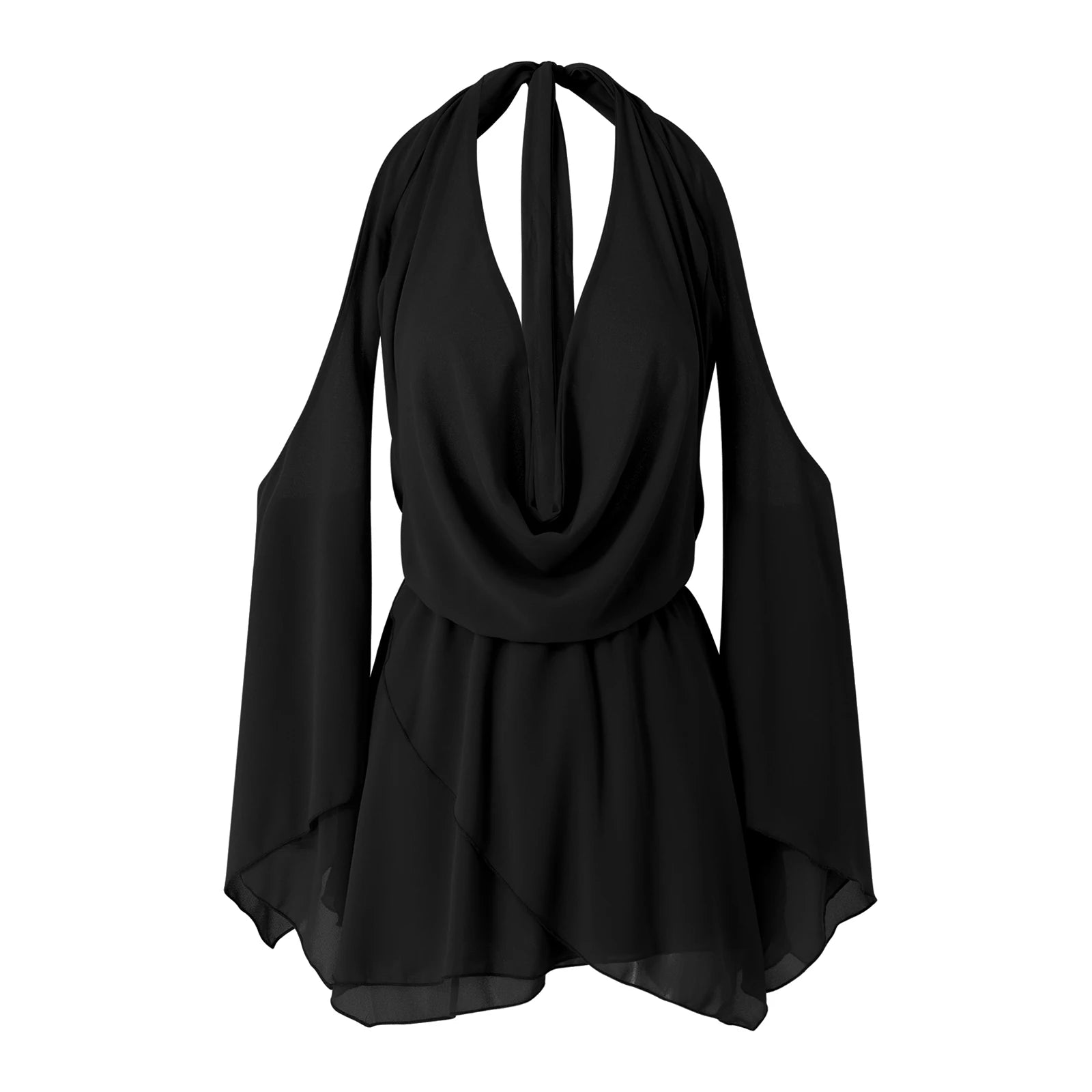 MQTIME  -  Summer Womens Sexy Solid Color Tie Up Hanging V-Neck Cold Shoulder Flare Long Sleeve Backless Short Mini Ruffle Dress