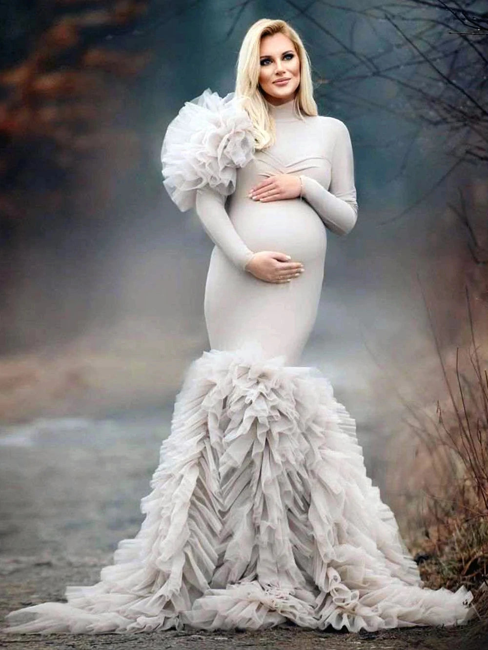Mqtime Elegant Spandex Mermaid Maternity Dresses for Pregnant Woman Tiered Tulle Bottom Maternity Gowns Babyshower Dress Photoshoot