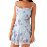 MQTIME  -  Women s Floral Print Spaghetti Strap Backless Tie-up A-line Dress Sleeveless Summer Mini Dress with V-neck