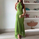 MQTIME  -  Sexy Hanging Neck Solid Evening Dress Summer Fashion Sleeveless Birthday Long Dress Elegant Draped Lace-Up Party Women Dresses