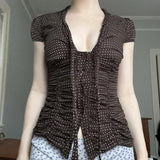 MQTIME  -  French lace up bow polka dot breasted short top with retro style, pleated waist, slimming effect, versatile short sleeved shirt