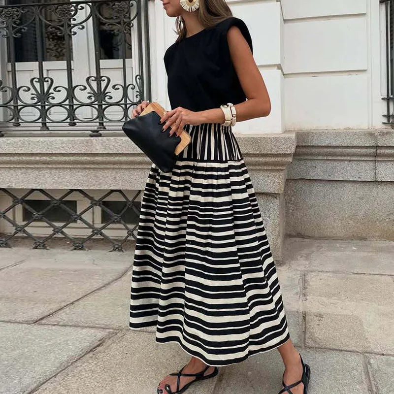 MQTIME  -  Spring Fall Casual Big Swing Party Skirt Fashion Striped Printed Half Skirt For Women Elegant Hight Waist Draped Bohe Long Skirt