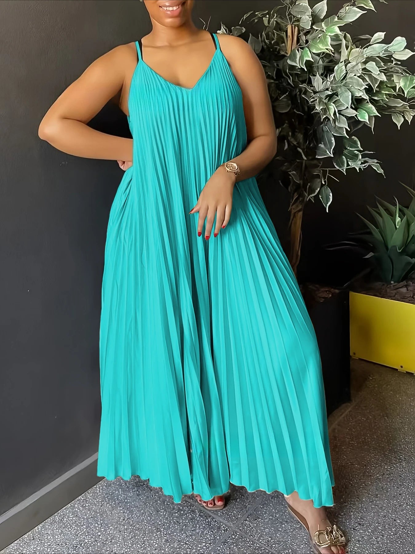 MQTIME  -  Summer High Waist V Neck Casual Sleeveless Dress Pleated Spaghetti Strap Dresses New Relaxed Sexy Maxi Beach Women Dress