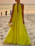 MQTIME  -  Women's Vibrant Yellow Halter Wrap Maxi Dress Deep V-neck Sexy Pleated Long Evening Dresses Elegant Photoshoot Dress
