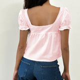 MQTIME  -  Women's Y2K Cute Ruffled Puff Short Sleeve Solid Color Cropped T-Shirts Square Neck Summer Babydoll Tops Streetwear