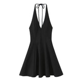 MQTIME  -  Summer New Arrivals Women's Wear Pure Color Temperament Sexy Backless Wave-Style Wide-Sleeve Halter Short Dress