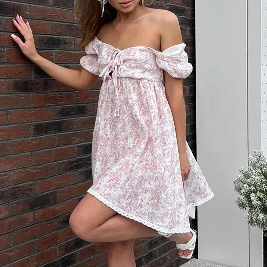 MQTIME  -  Fashion Style Short Skirt with Floral Pattern Summer Strappy Dress with Puff Sleeve, Elegant Waist Closure A-Line Skirt