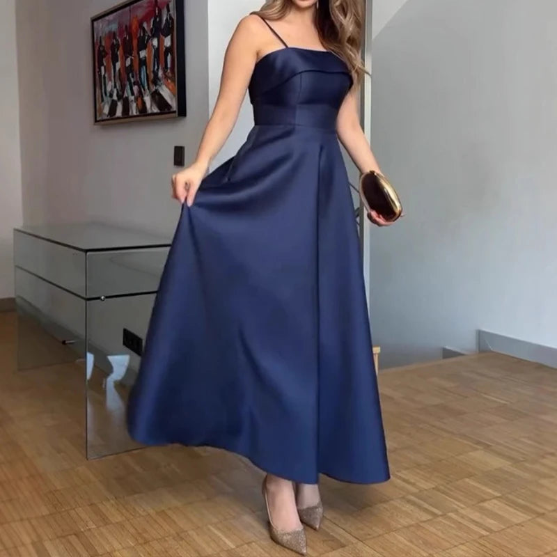 MQTIME  -  2025 Summer Retro Style Satin Spaghetti Strap Evening Dress Fashion High Waist A-line Ruched Banquet Gowns for Laies