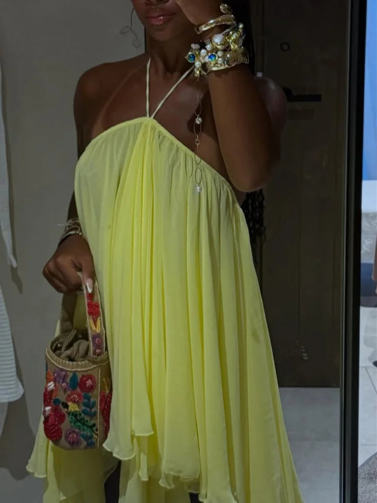 MQTIME  -  Halter Pleated Backless Irregular Mini Dress Women Off Shoulder Sexy Big Swing A-line Holiday Dresses 2025 Summer Party Robe