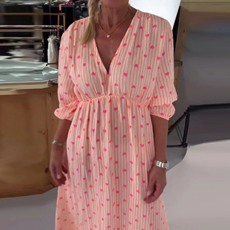 MQTIME  -  Fashion Heart-shaped Print Party Dress Sweet Girl Loose Lantern Sleeve Pleated Evening Dress Casual Simple Women Commute Dress