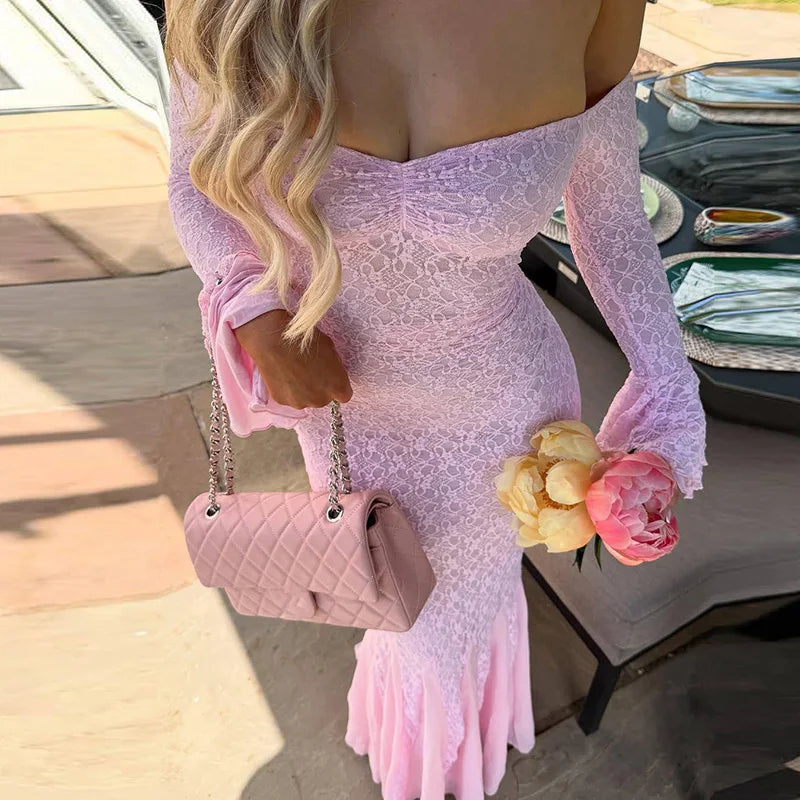 MQTIME  -  Fashion Mesh Lace Embroidery Long Dress Elegant One Shoulder Slim Fishtail Dress Women Casual Flared Sleeve Solid Evening Dress