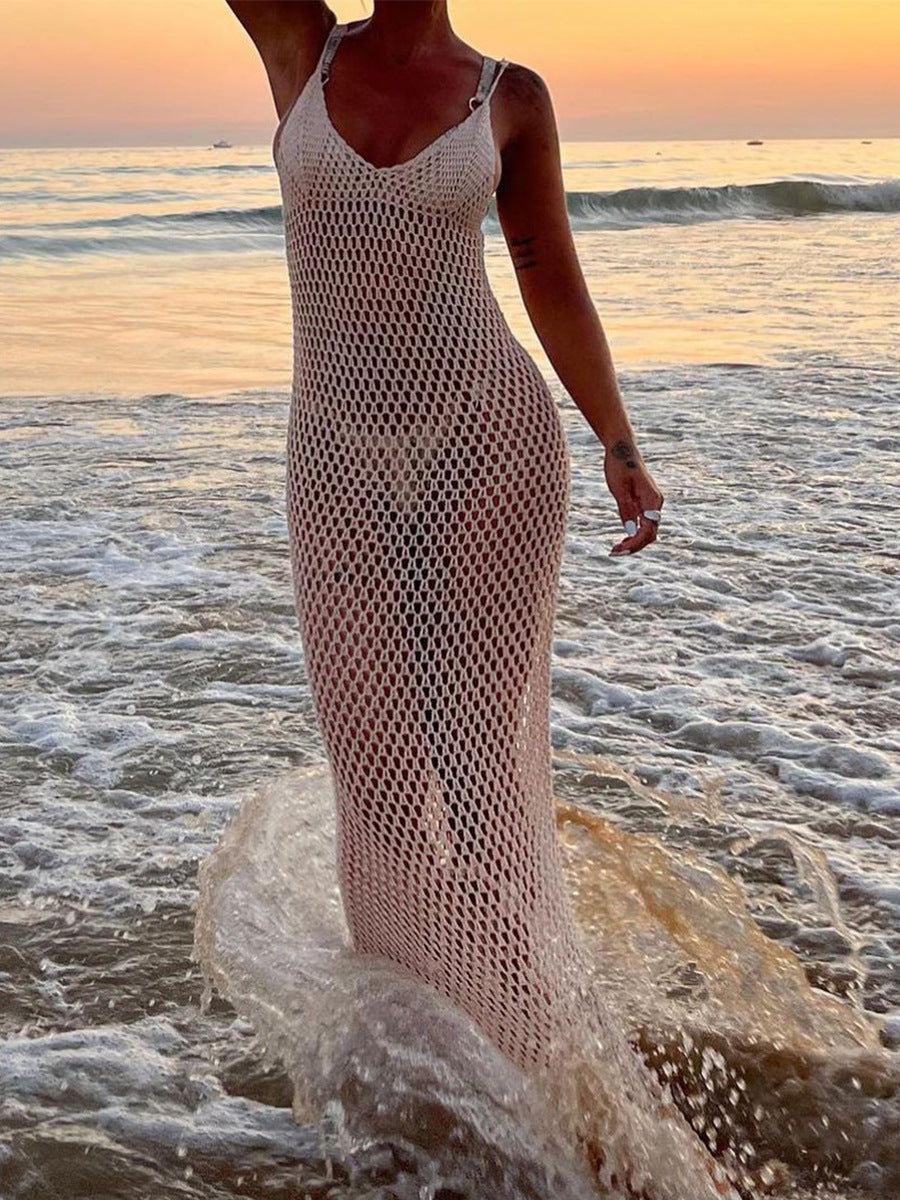 MQTIME  -  Women's Summer Knitted Deep V Neck Cover Ups Crochet Cutout Backless Split Dress Hollow Out Bikini Swimsuit Sundress