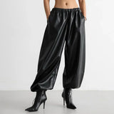 MQTIME  -  Fashion Women's Black High Waist Wide Leg PU Leather Pants Elastic Waist Pockets 2025 Autumn Winter Female High Street Outerwear
