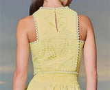 MQTIME  -  Women 2Pcs Outfits Set Sleeveless Lace Trim O Neck Eyelet Hollow Out Crop Tank Top+High Waist A-line Long Flowy Skirt