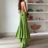 MQTIME  -  Sexy Hanging Neck Solid Evening Dress Summer Fashion Sleeveless Birthday Long Dress Elegant Draped Lace-Up Party Women Dresses