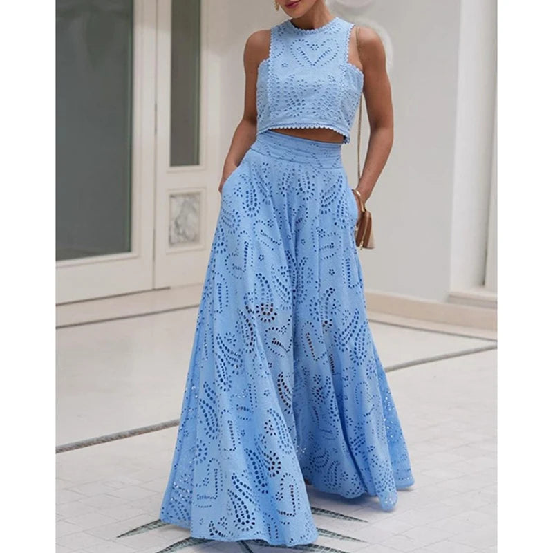 MQTIME  -  Women 2Pcs Outfits Set Sleeveless Lace Trim O Neck Eyelet Hollow Out Crop Tank Top+High Waist A-line Long Flowy Skirt