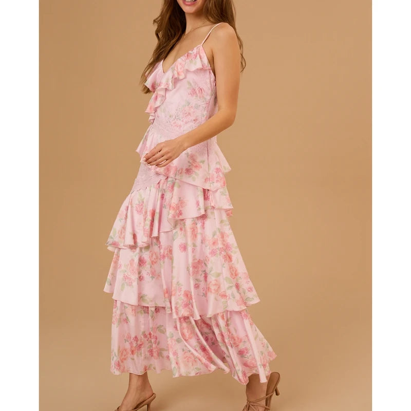 MQTIME  -  Women Floral Print Lace Patchwork Sleeveless V-Neck Backless Irregular Tiered Ruffle Layered A Line Long Slip Dress