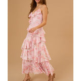 MQTIME  -  Women Floral Print Lace Patchwork Sleeveless V-Neck Backless Irregular Tiered Ruffle Layered A Line Long Slip Dress