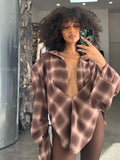 MQTIME  -  Plaid Contrast Collar Irregular Hem Jacket Women Split Single Breasted Shoulder Pads Long Sleeve Street Shirts 2025 Autumn Party