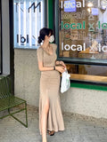 MQTIME  -  Korean Style Bodycon Dress Women Summer Sexy V-neck Short Sleeve Casual Long Dresses Ladies Elegant Side Split Dress