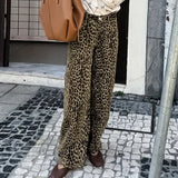 MQTIME  -  Women's Leopard Print High-Waisted Trousers - Button-Fly Wide Leg Pants with Belt Loops, Retro Fall Winter Street Style