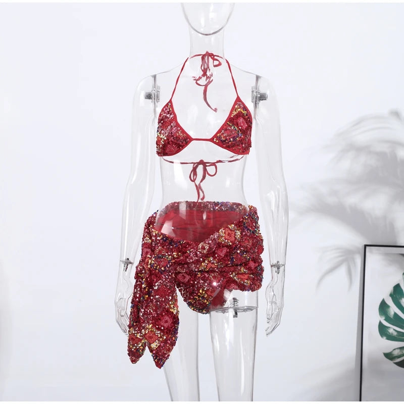 MQTIME  -  Sexy Sequin Bikini Skirt Sets Women Halter Backless Sleeveless Bikinis Lace Up Slim Mini Skirts Set 2025 Summer Lady Beach Suits