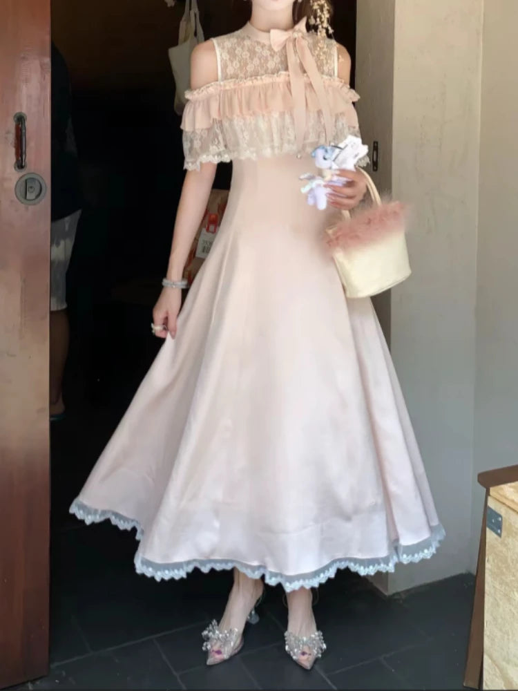 MQTIME  -  Sweet Japanese Pink Fairy Long Dresses Woman French Elegant Lace Patchwork Summer Dress Aesthetic Design Y2k Party Outfits