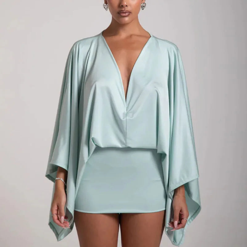 MQTIME  -   Sexy Deep V-neck Hollow Slim Hip Dresses Woman Spring Solid Elegant Commute Lady Dress Autumn Long Sleeve Satin Mini Dress Mujer