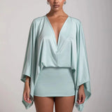 MQTIME  -   Sexy Deep V-neck Hollow Slim Hip Dresses Woman Spring Solid Elegant Commute Lady Dress Autumn Long Sleeve Satin Mini Dress Mujer