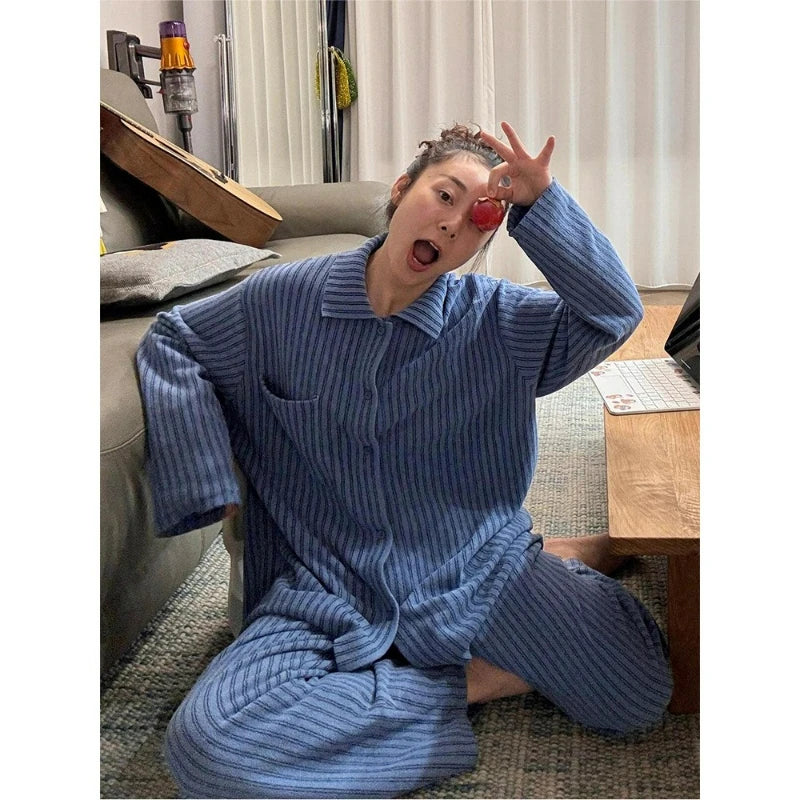 MQTIME  -  Ins Korean Simple Striped Pajamas Women's Autumn and Winter New Loungewear Large Size Suit Can Be Worn Outside Comfortable