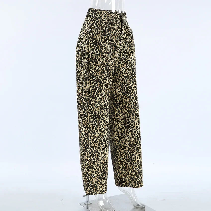 MQTIME  -  Women's Leopard Print High-Waisted Trousers - Button-Fly Wide Leg Pants with Belt Loops, Retro Fall Winter Street Style