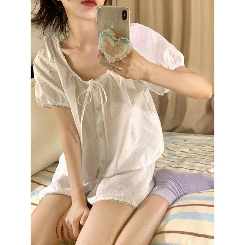 MQTIME  -  Jacquard Lace-up French Sweet Pajamas Women's Summer New Girl Gentle Wind Short-sleeved Shorts Loungewear Set Trendy Comfortable
