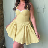 MQTIME  -  Women Sexy Yellow Hollow Out Small Dress Halter High Waist Club Party Pleated Dress Elegant Lace Edge Sleeveless A-line Dresses