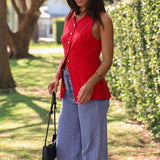 MQTIME  -  Summer Solid Color Sleeveless Vest Office Lady Single Breasted O Neck Open Front Short Tops Leisure Simple Women Pocket Tank Top