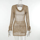 MQTIME  -  V Neck Backless Beach Mini Dress For Women Knitted Fishnet See Through  Long Sleeve Club Sexy Elastic Casual Party Vestidos