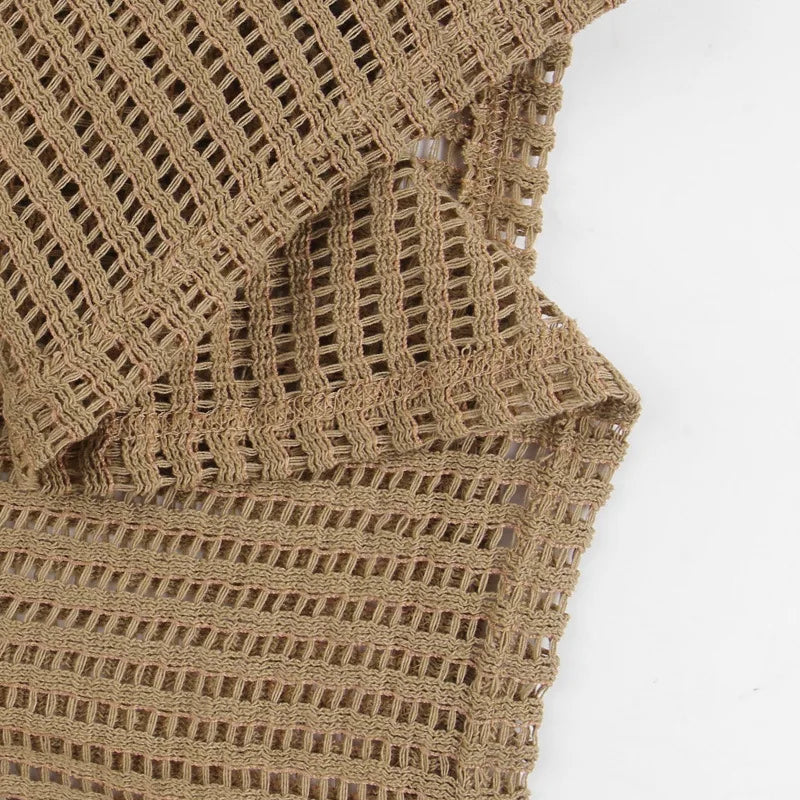 MQTIME  -  V Neck Backless Beach Mini Dress For Women Knitted Fishnet See Through  Long Sleeve Club Sexy Elastic Casual Party Vestidos