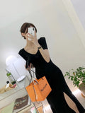 MQTIME  -  Korean Style Bodycon Dress Women Summer Sexy V-neck Short Sleeve Casual Long Dresses Ladies Elegant Side Split Dress