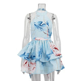 MQTIME  -  Fashion Blue Print Womens Dresses Elegant Halter Neck Open Back Sleeveless Dresses Casual Lace-Up Cascading Ruffle Dress