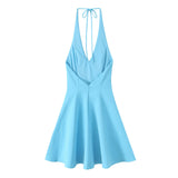 MQTIME  -  Summer New Arrivals Women's Wear Pure Color Temperament Sexy Backless Wave-Style Wide-Sleeve Halter Short Dress