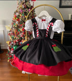 MQTIME  -  Baby Girl Red Black Candy Cane Christmas Tree Embroidery Turkish Vintage Princess Dress for Christmas Photography Holiday Party