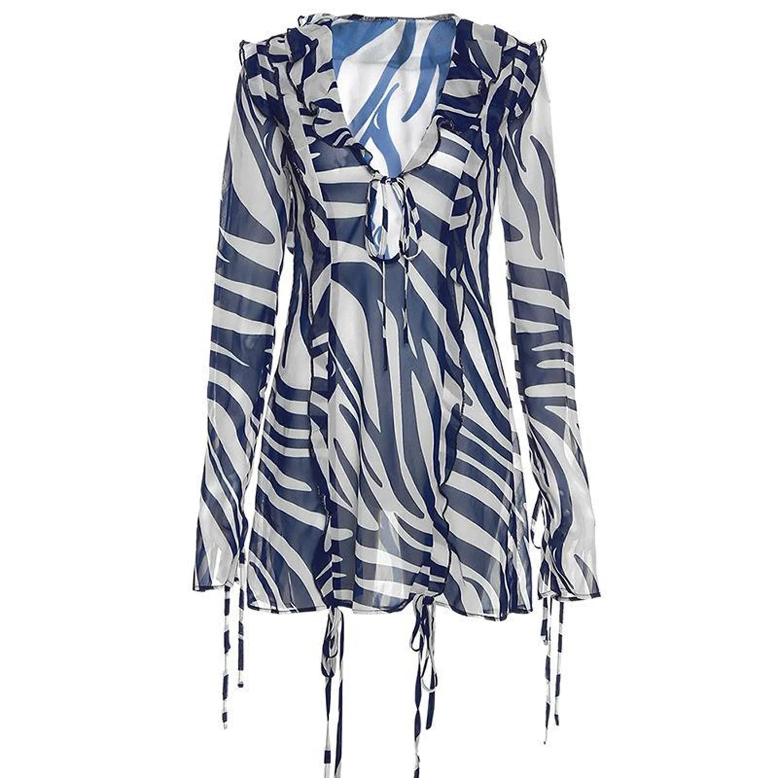 MQTIME  -  Women's Summer Short Tie Up Dress Long Sleeve V Neck Zebra Print Ruffled Hollow Out Cover-ups Short Mini Sundress