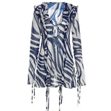 MQTIME  -  Women's Summer Short Tie Up Dress Long Sleeve V Neck Zebra Print Ruffled Hollow Out Cover-ups Short Mini Sundress