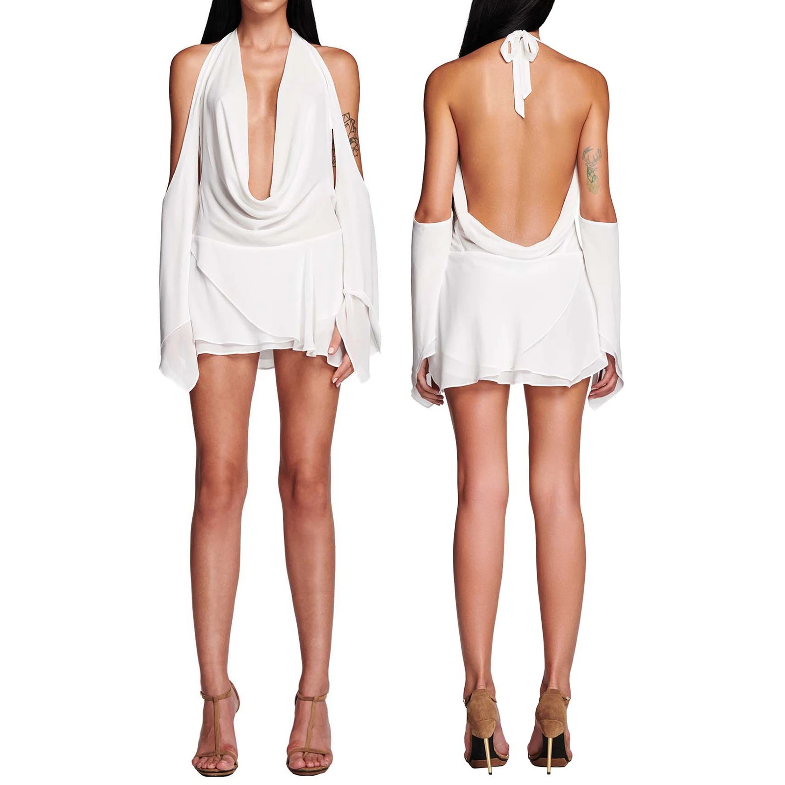 MQTIME  -  Summer Womens Sexy Solid Color Tie Up Hanging V-Neck Cold Shoulder Flare Long Sleeve Backless Short Mini Ruffle Dress