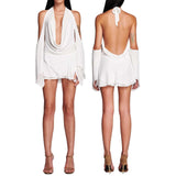 MQTIME  -  Summer Womens Sexy Solid Color Tie Up Hanging V-Neck Cold Shoulder Flare Long Sleeve Backless Short Mini Ruffle Dress