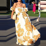 MQTIME  -  Women Elegant Patterns Print Loose Party Dress Fashion Hight Waist Suspender Dress Sexy Off Shoulder Short Sleeve Vacation Dress