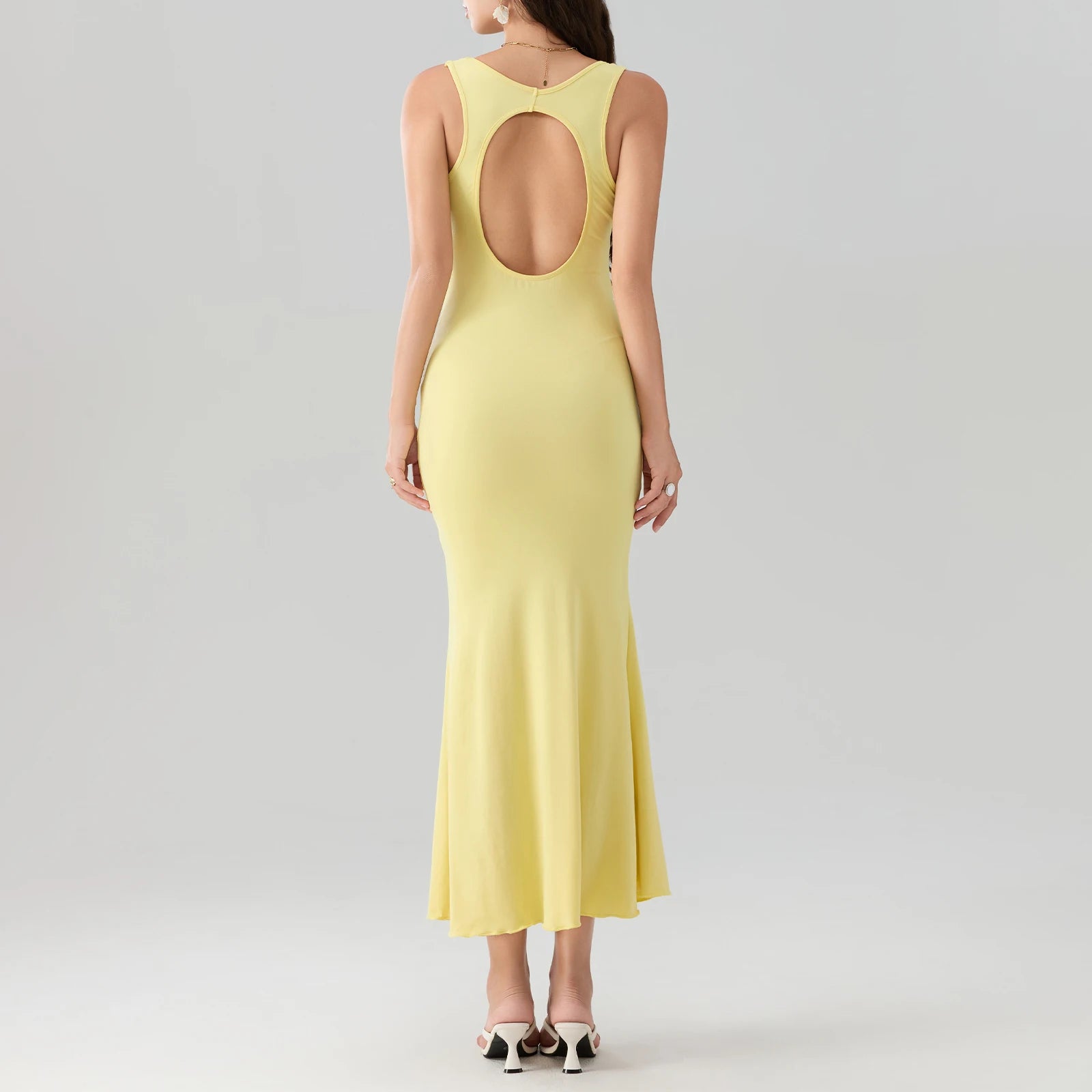 MQTIME  -  Women Summer Elegant Sleeveless V Neck Backless Hole Cutout Solid Color Long Evening Party Wedding Mermaid Long Dress