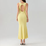 MQTIME  -  Women Summer Elegant Sleeveless V Neck Backless Hole Cutout Solid Color Long Evening Party Wedding Mermaid Long Dress