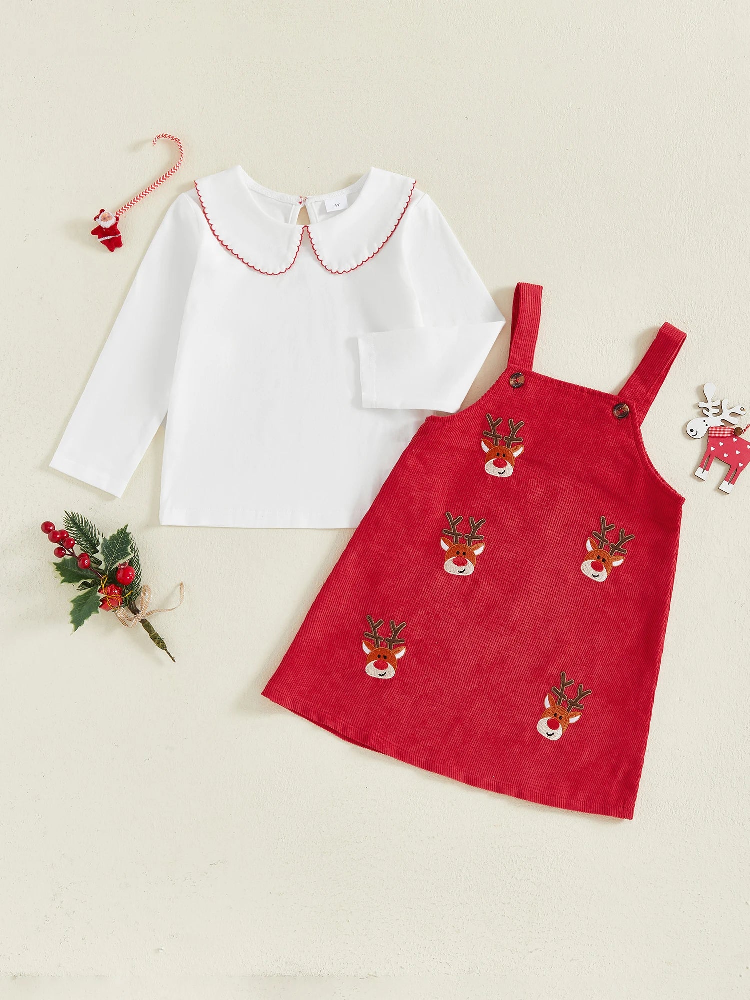 MQTIME  -  Adorable Baby Girl Christmas Outfit with Ruffle Collar Shirt and Reindeer Print Overall Dress - Festive 2 Piece Set for Toddler