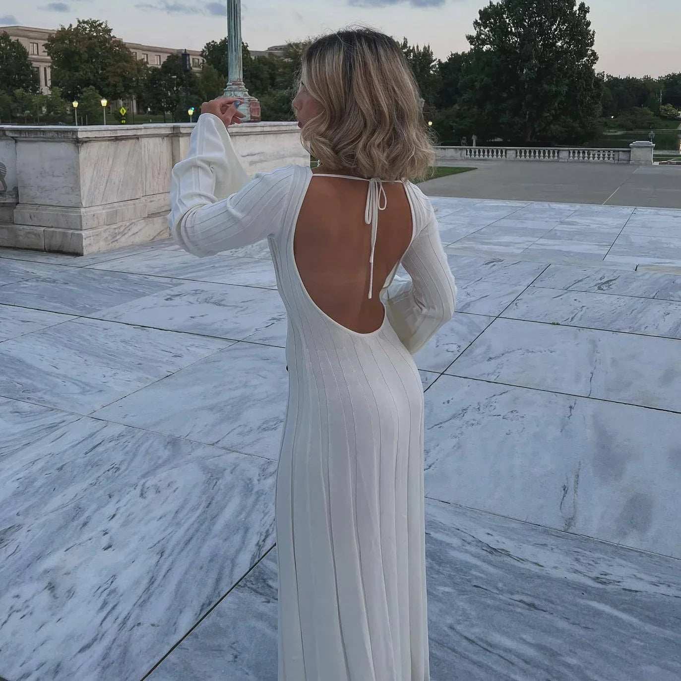MQTIME  -  White Backless Knitted Maxi Dress for Women Elegant Flare Long Sleeve Bodycon Party Dresses Lady Holidays Club Evening Outfits